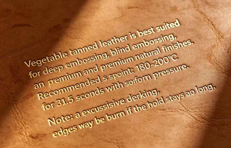 ZHENGFEI vegetable tanned leather hot stamping guide with temperature, time, and pressure recommendations.