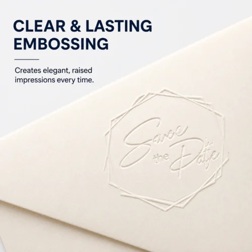 Trodat Steel Embosser Clear Raised Embossing Logo Sample Close-Up Macro close-up of elegant raised custom "Save the Date" embossed pattern made by Trodat laser engraved steel die on textured cream envelope paper.