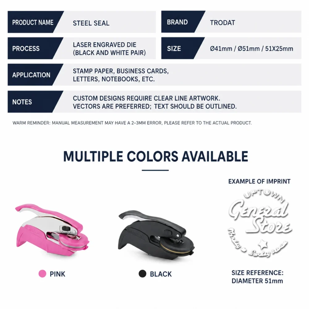 Trodat Embosser Steel Seal Technical Parameters & Color Selection Chart Trodat embosser spec table, pink & black machine color choices and 51mm diameter embossed imprint sample reference.