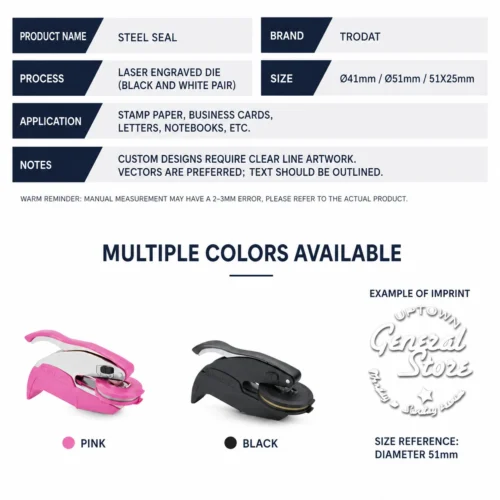 Trodat Embosser Steel Seal Technical Parameters & Color Selection Chart Trodat embosser spec table, pink & black machine color choices and 51mm diameter embossed imprint sample reference.