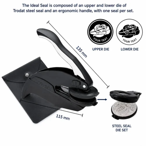 Trodat Embosser Full Kit Dimensions & Custom Steel Die Set Assembly Chart Trodat embosser size diagram (135×115mm), detachable upper/lower laser steel die set and matching storage leather pouch.