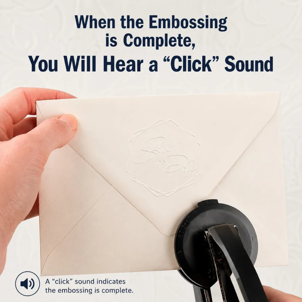 Trodat Embosser Stamp Operation Guide – Complete Emboss Click Reminder Hand holding cream envelope with custom embossed logo demonstrating Trodat embosser full press click sound operation tip.