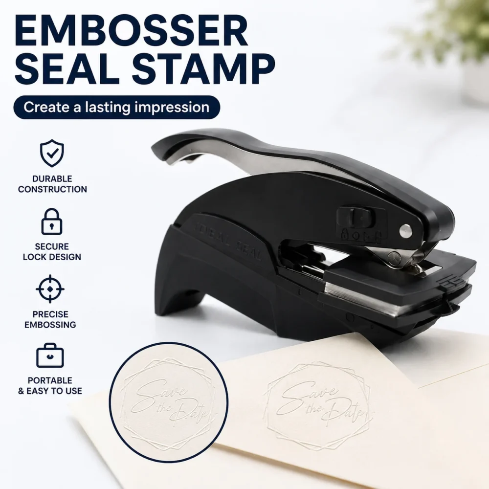 Trodat Portable Custom Steel Embosser Seal Stamp Handheld Embossing Machine Trodat handheld steel embosser seal stamp with custom embossed save the date sample on cream envelope, feature list on white background.