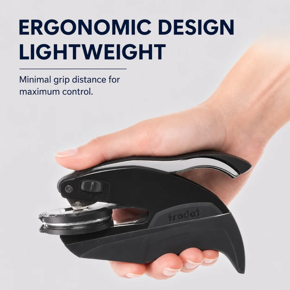 Trodat Embosser Stamp Ergonomic Lightweight Handle Handheld Demo Human hand gripping black Trodat portable embosser showing curved ergonomic lightweight handle for effortless repeated embossing.