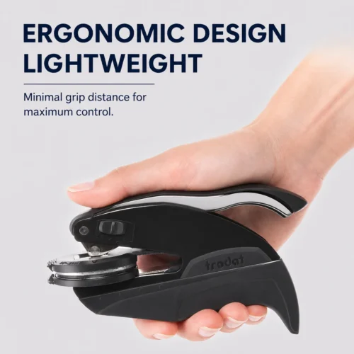 Trodat Embosser Stamp Ergonomic Lightweight Handle Handheld Demo Human hand gripping black Trodat portable embosser showing curved ergonomic lightweight handle for effortless repeated embossing.
