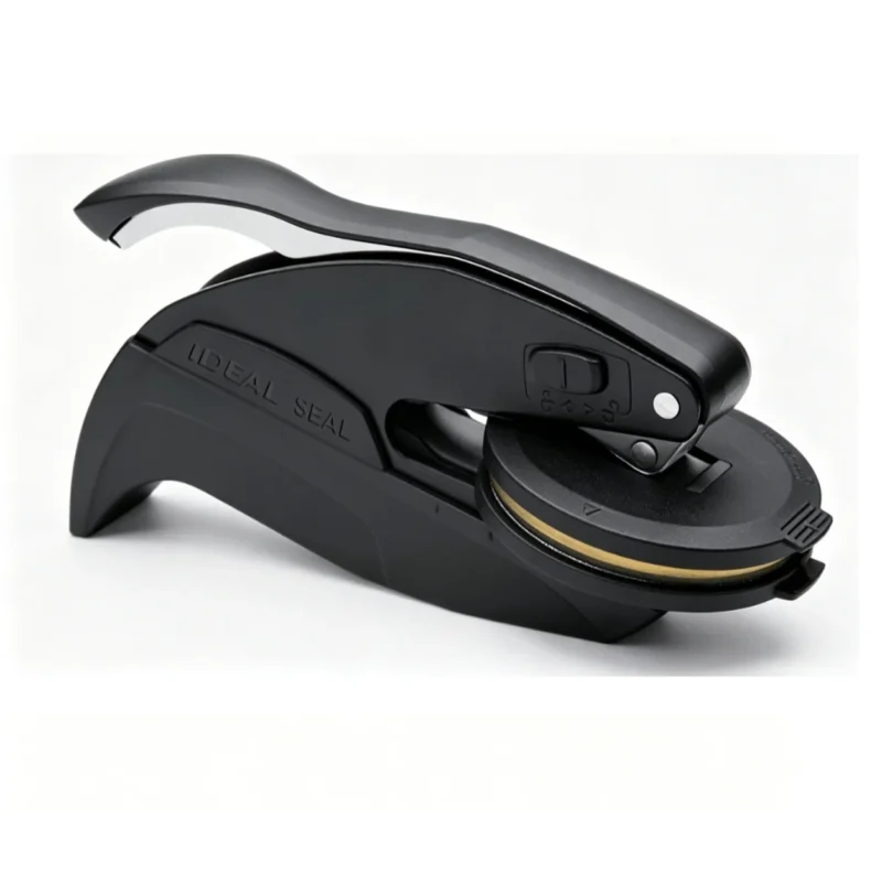 Black Trodat Ideal Seal embosser pre-installed with circular steel die holder for Ø41/51mm custom embossing dies.