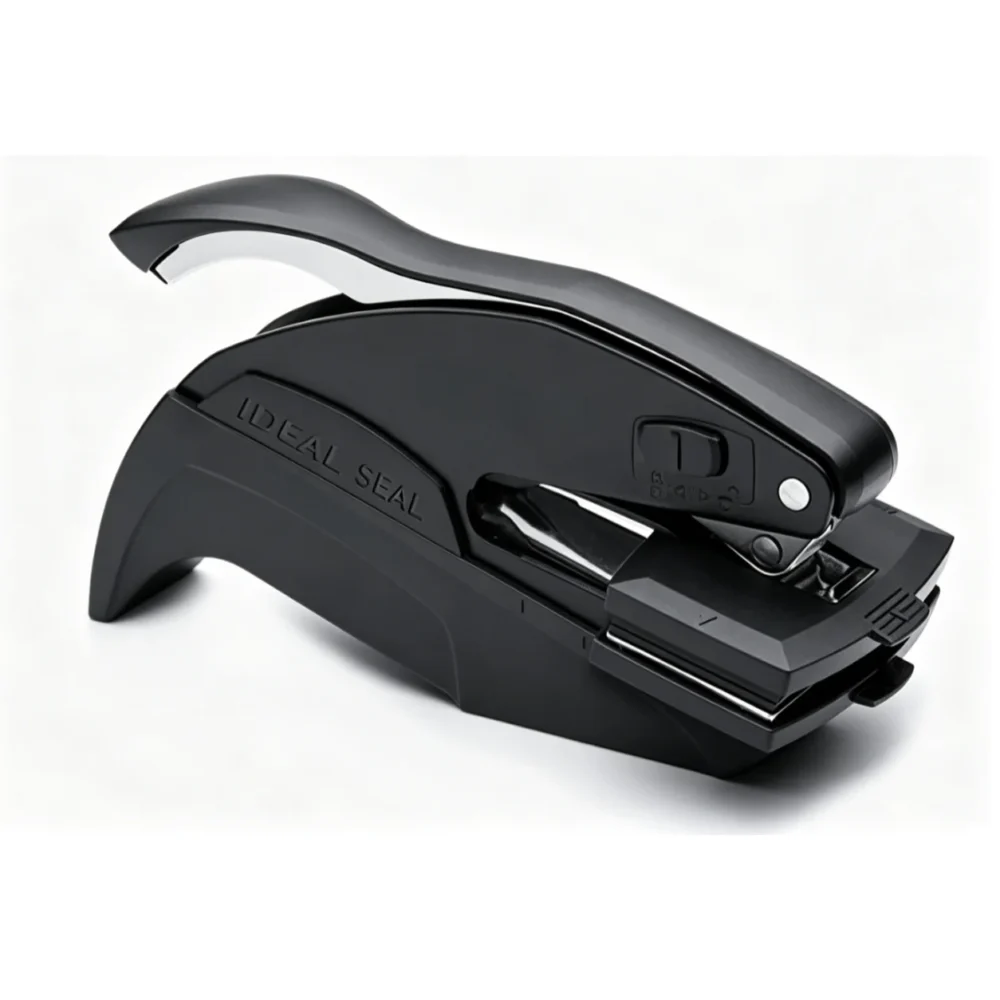 Trodat Ideal Seal Black Portable Hand Embosser (Without Steel Die) Matte black Trodat Ideal Seal handheld embosser empty base on pure white background, ergonomic silver lever design.
