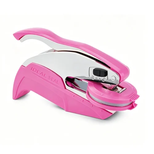 Trodat Pink Hand Embosser Equipped With Circular Steel Seal Die Base Pink Trodat Ideal Seal embosser fitted with round die holder for custom circular laser engraved steel emboss dies.