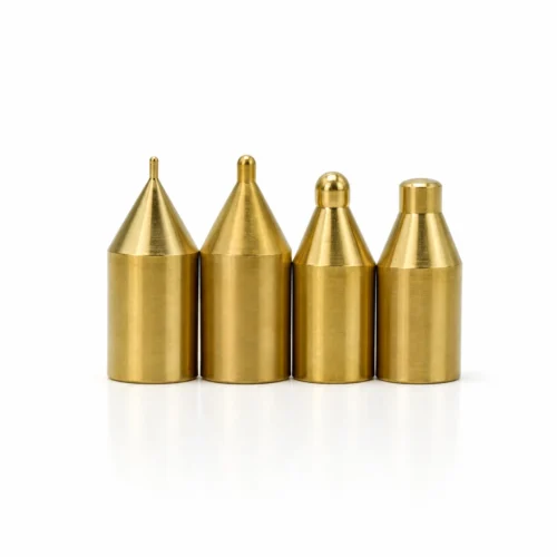 ZHENGFEI Four Sizes Precision CNC Brass Hot Stamping Pen Tips Set ZHENGFEI four different specification CNC brass hot foil pen tips arranged on pure white background.