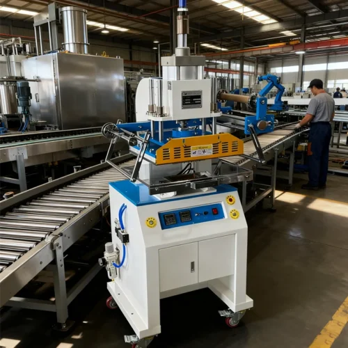 ZHENGFEI 618M pneumatic hot stamping machine operating on a factory production line with industrial conveyor belt.