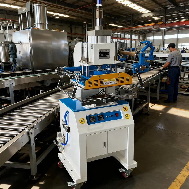 ZHENGFEI 618M pneumatic hot stamping machine operating on a factory production line with industrial conveyor belt.