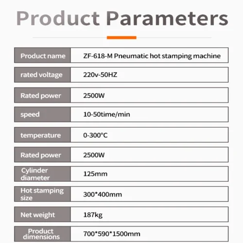 ZHENGFEI 618M pneumatic hot stamping machine complete product parameters table with technical specifications.