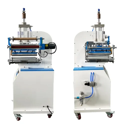 ZHENGFEI 618M pneumatic hot stamping machine left and right side views showing foil feeder and pneumatic connections.