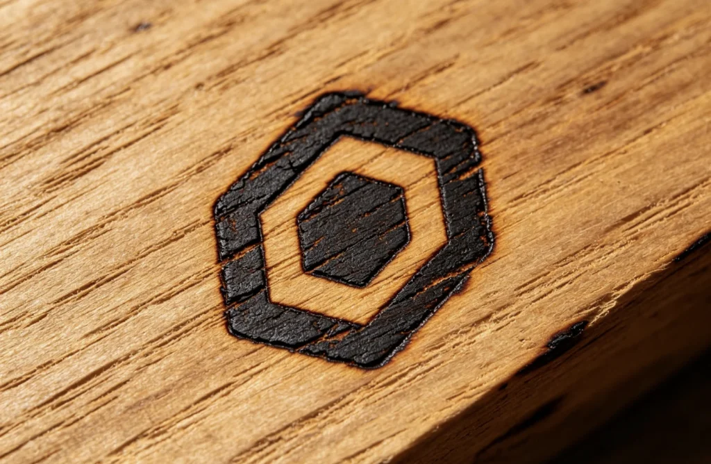 Macro shot of dark burned geometric hexagon logo branded onto natural walnut wood with ZHENGFEI heated brass mold.