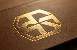 Large solid geometric hexagon logo gold foil stamped on brown leather with ZHENGFEI custom CNC brass mold, even full solid coverage.