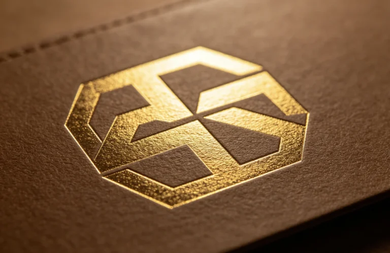 Large solid geometric hexagon logo gold foil stamped on brown leather with ZHENGFEI custom CNC brass mold, even full solid coverage.