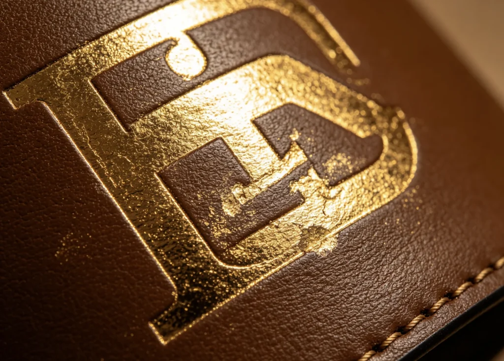 Macro close-up of big solid monogram gold foil hot stamped on brown leather with full even solid coverage from ZHENGFEI brass die.