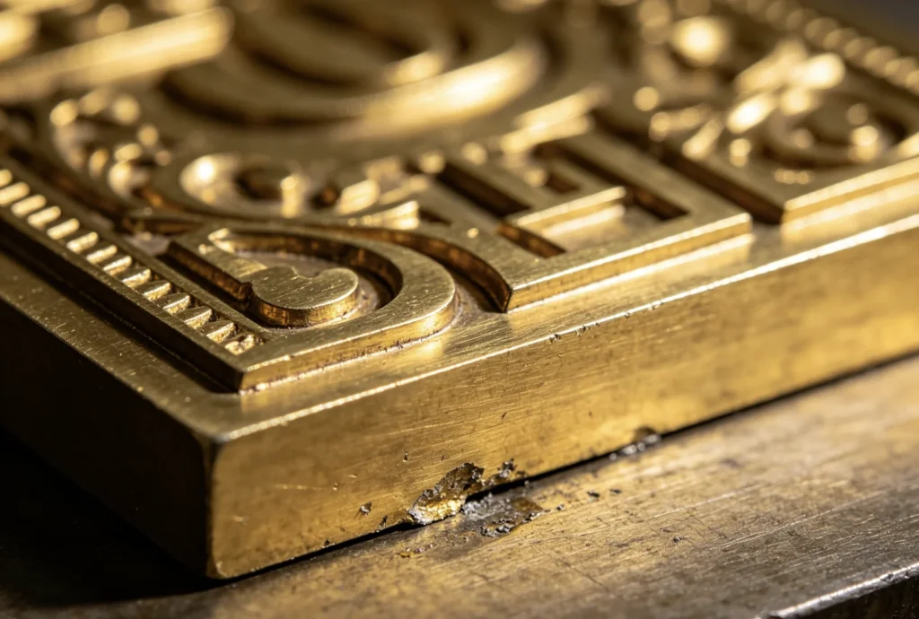 Macro close-up of ZHENGFEI custom CNC brass mold with deep relief intricate logo engraving texture.