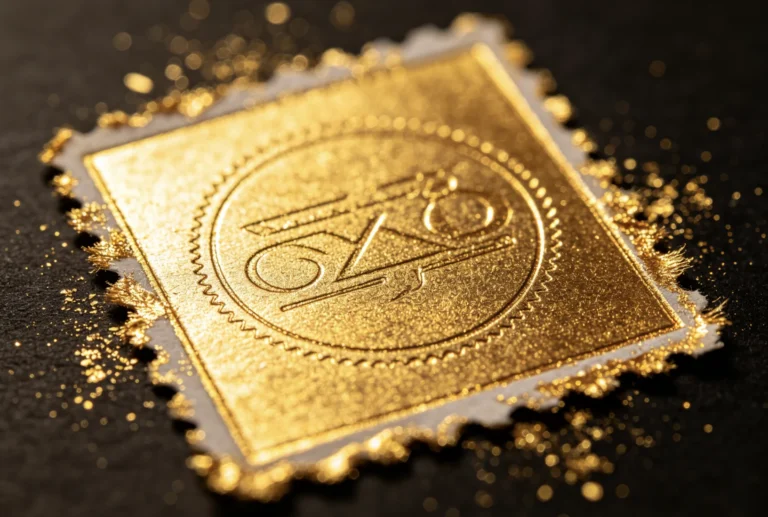 Luxury gold foil embossed logo stamped by ZHENGFEI custom CNC brass mold on black textured paper.