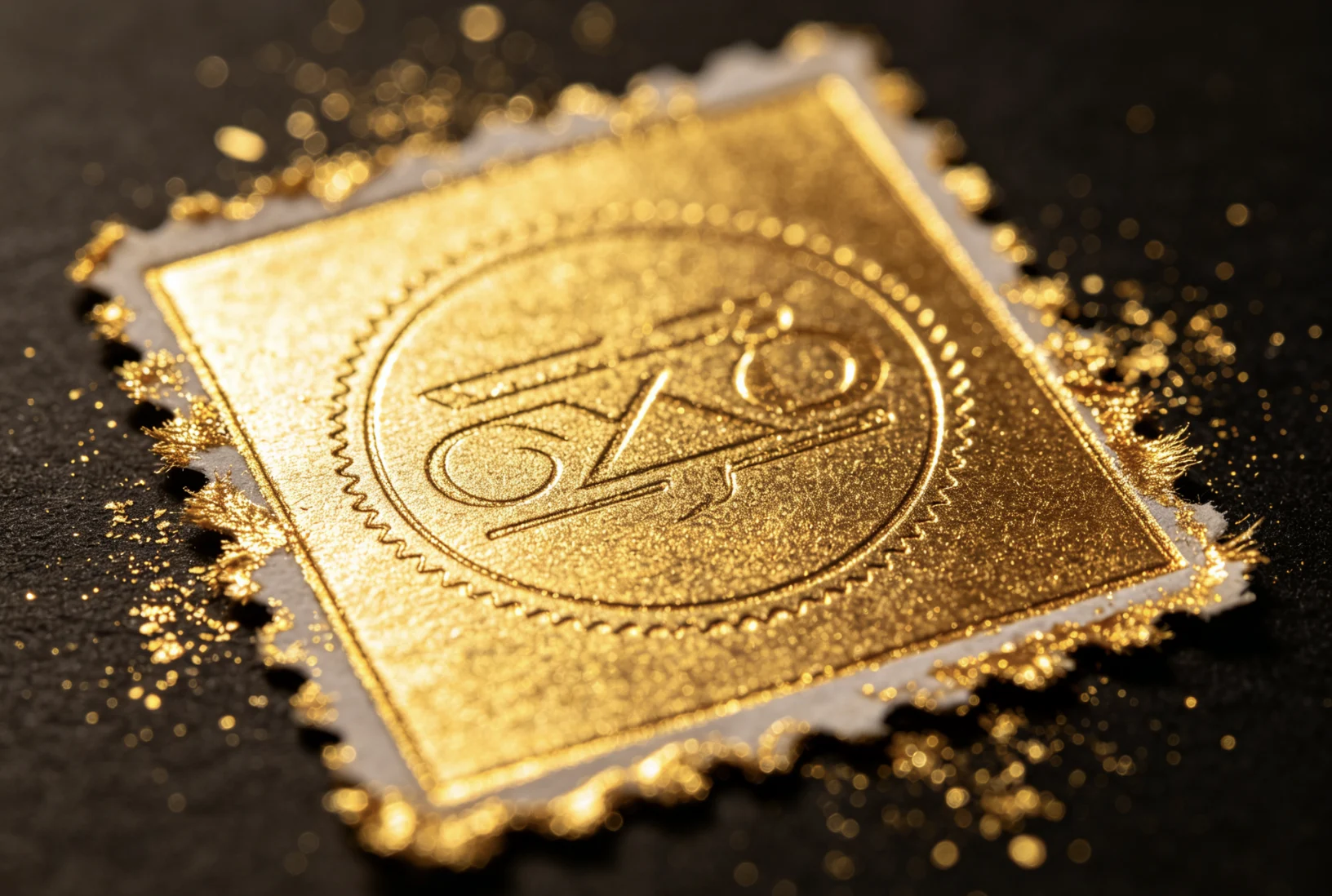 Luxury gold foil embossed logo stamped by ZHENGFEI custom CNC brass mold on black textured paper.