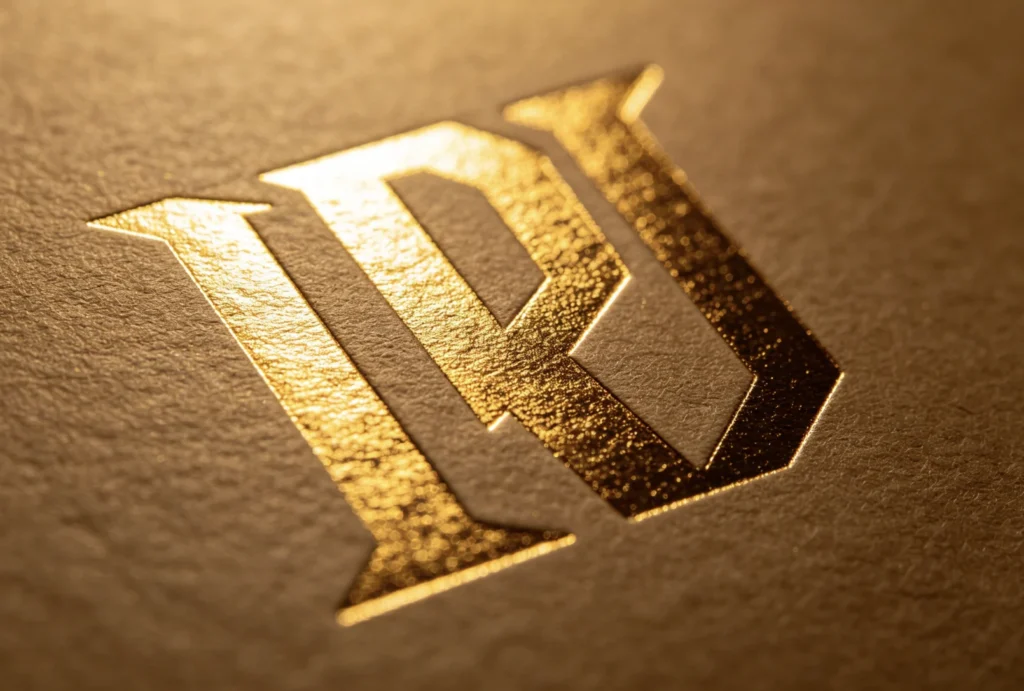 Gloss metallic gold foil stamped bold monogram logo on textured cream paper using ZHENGFEI precision brass hot stamping mold.