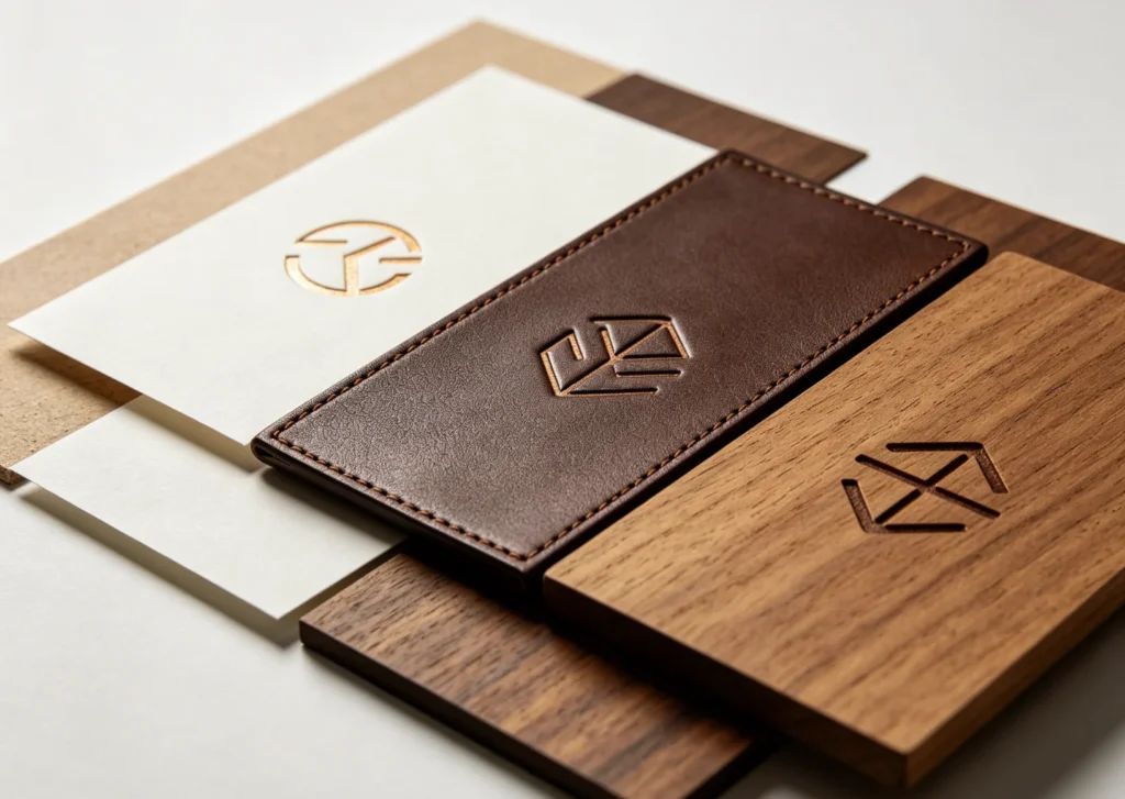 Three branding finishes from ZHENGFEI brass molds: gold foil paper, deboss leather, heat burn wood geometric logos.