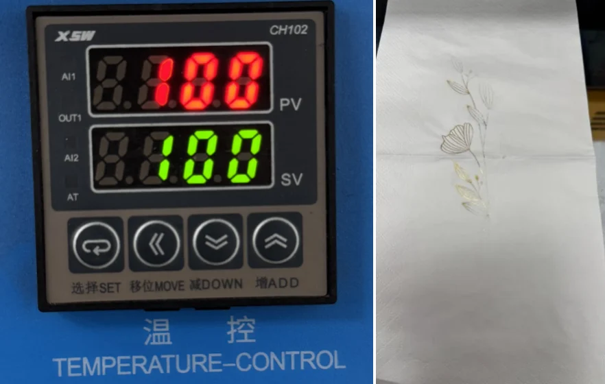 ZHENGFEI custom brass mold napkin hot stamping test at 100℃, showing partial foil transfer.
