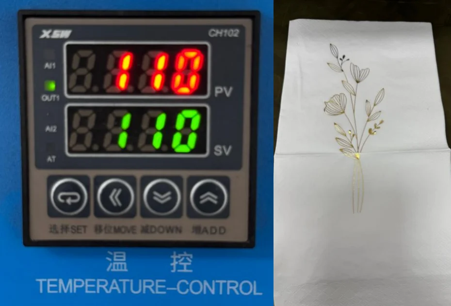 ZHENGFEI custom brass mold napkin hot stamping test at 110℃, showing full and vibrant foil transfer.