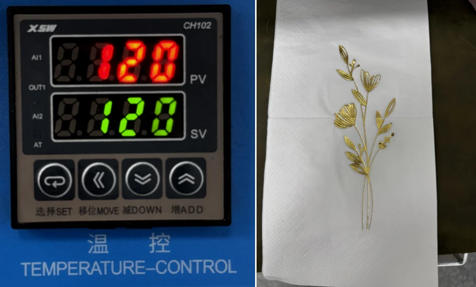 ZHENGFEI custom brass mold napkin hot stamping test at 120℃, showing slight edge bleeding.