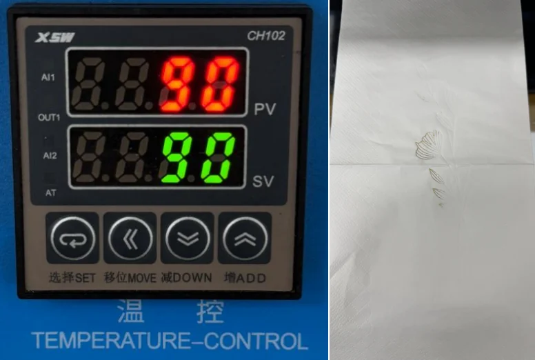 ZHENGFEI custom brass mold napkin hot stamping test at 90℃, showing faint foil transfer.