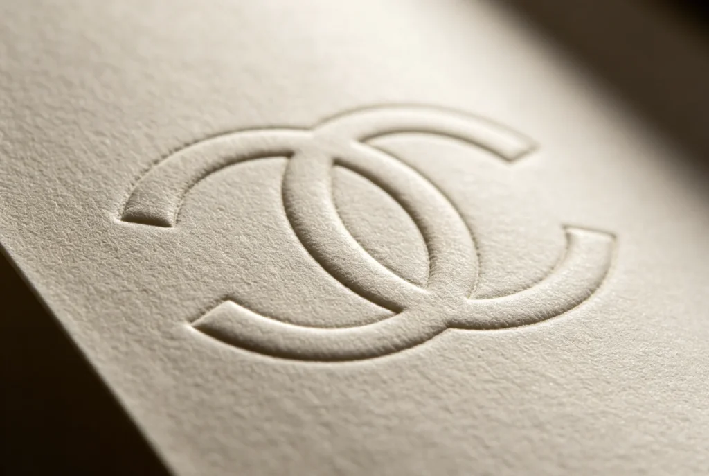 Subtle blind raised embossed interlocking double C logo on matte cream paper from ZHENGFEI custom steel emboss seal die.