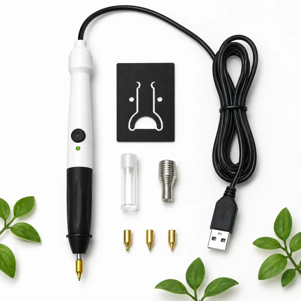 ZHENGFEI Hot Stamping Pen All Parts & Accessories Flat Lay Display Full accessory flat lay of ZHENGFEI USB hot foil pen: pen body, USB cable, 3 brass tips, anti-scald spring and fixing jig.