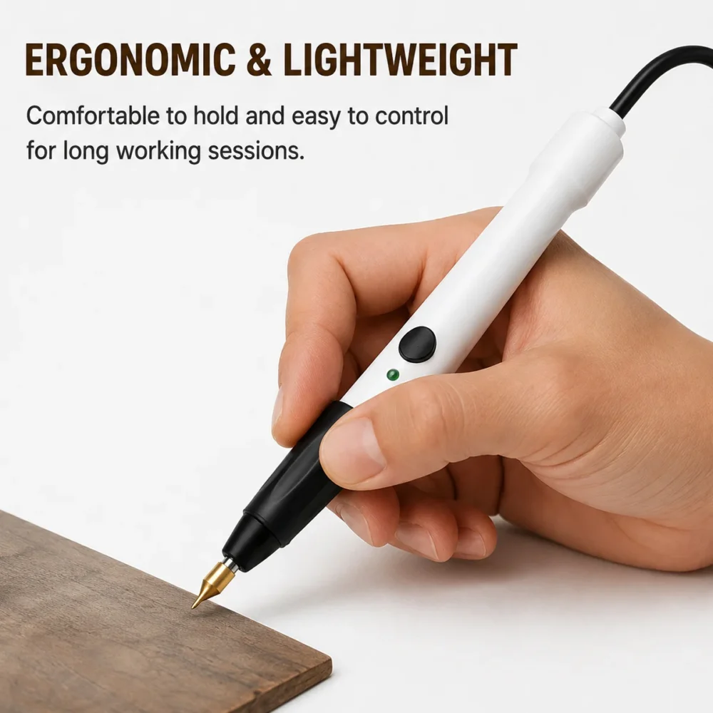 ZHENGFEI Hot Stamping Pen Ergonomic Lightweight Handheld Operation Demo Hand holding ZHENGFEI USB hot stamping pen to emboss patterns on wooden craft board.