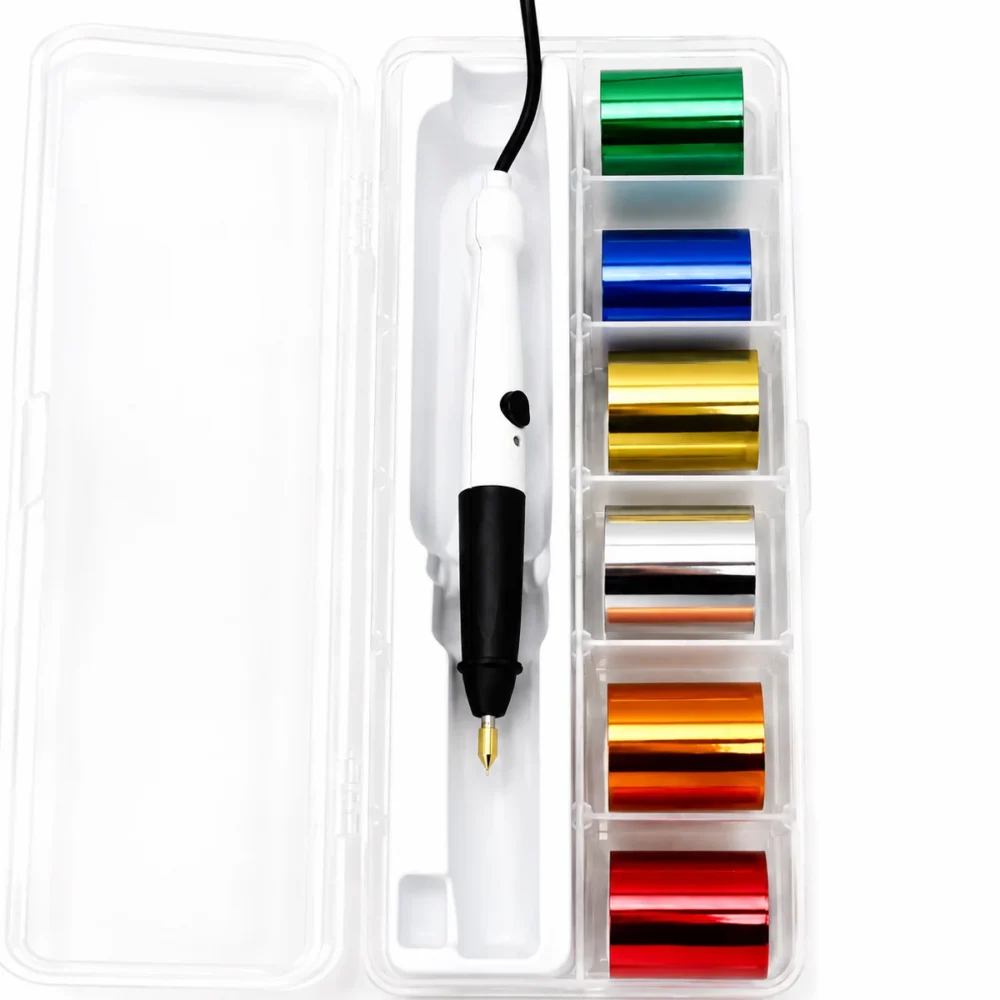 ZHENGFEI Hot Stamping Pen Full Accessory Kit Plastic Storage Case ZHENGFEI USB hot stamping pen complete set in plastic storage box with 6 rolls of colorful hot foil.