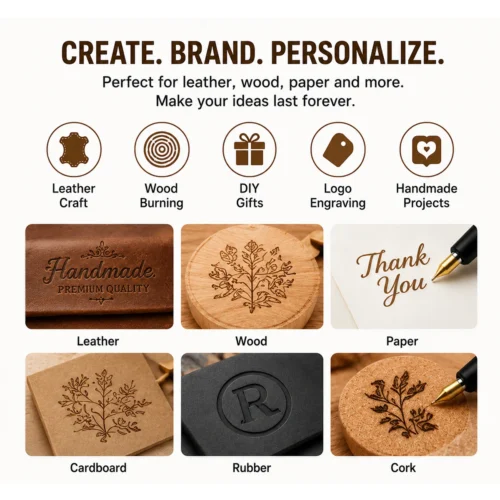 ZHENGFEI Hot Stamping Pen Multi-Material DIY Craft Application Showcase ZHENGFEI electric hot foil pen application samples on leather, wood, paper, cardboard, rubber and cork.