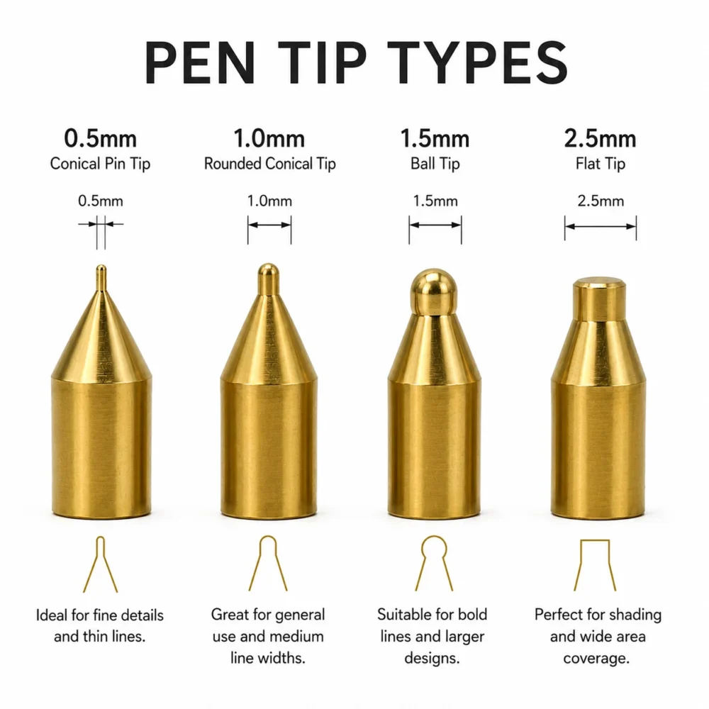 ZHENGFEI Hot Stamping Pen Brass Tip Size & Application Guide Chart ZHENGFEI hot foil pen tip dimension chart, showing 0.5/1.0/1.5/2.5mm sizes and respective crafting uses.