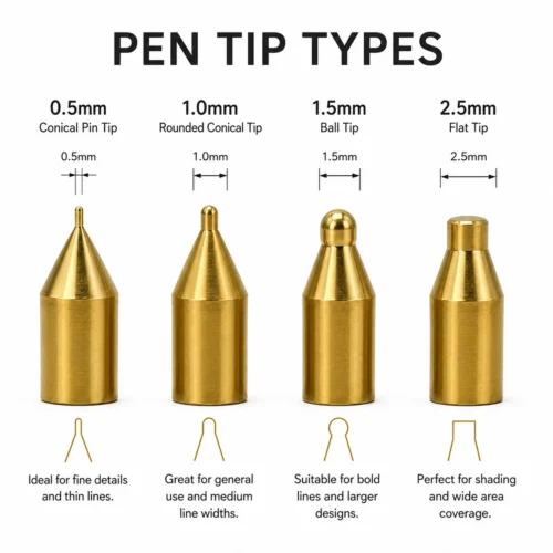 ZHENGFEI Hot Stamping Pen Brass Tip Size & Application Guide Chart ZHENGFEI hot foil pen tip dimension chart, showing 0.5/1.0/1.5/2.5mm sizes and respective crafting uses.