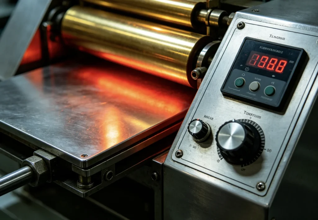 Close-up of ZHENGFEI hot stamping machine digital temperature control panel and heated brass roller worktable.