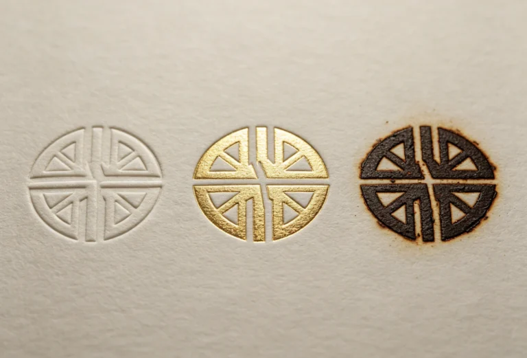 Direct side-by-side comparison of blind emboss, metallic gold foil, wood heat burn finishes with identical geometric logo on white paper.