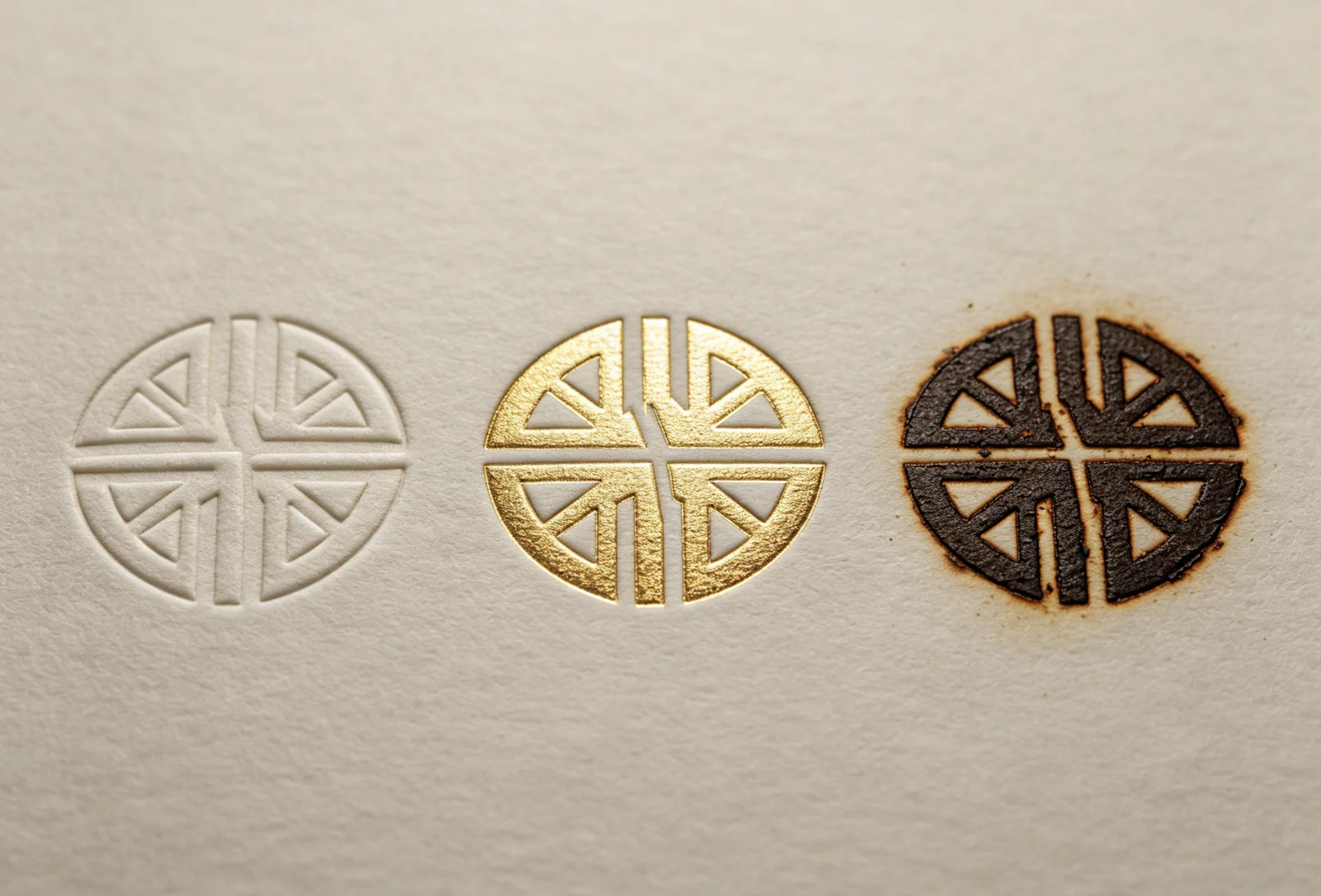 Direct side-by-side comparison of blind emboss, metallic gold foil, wood heat burn finishes with identical geometric logo on white paper.