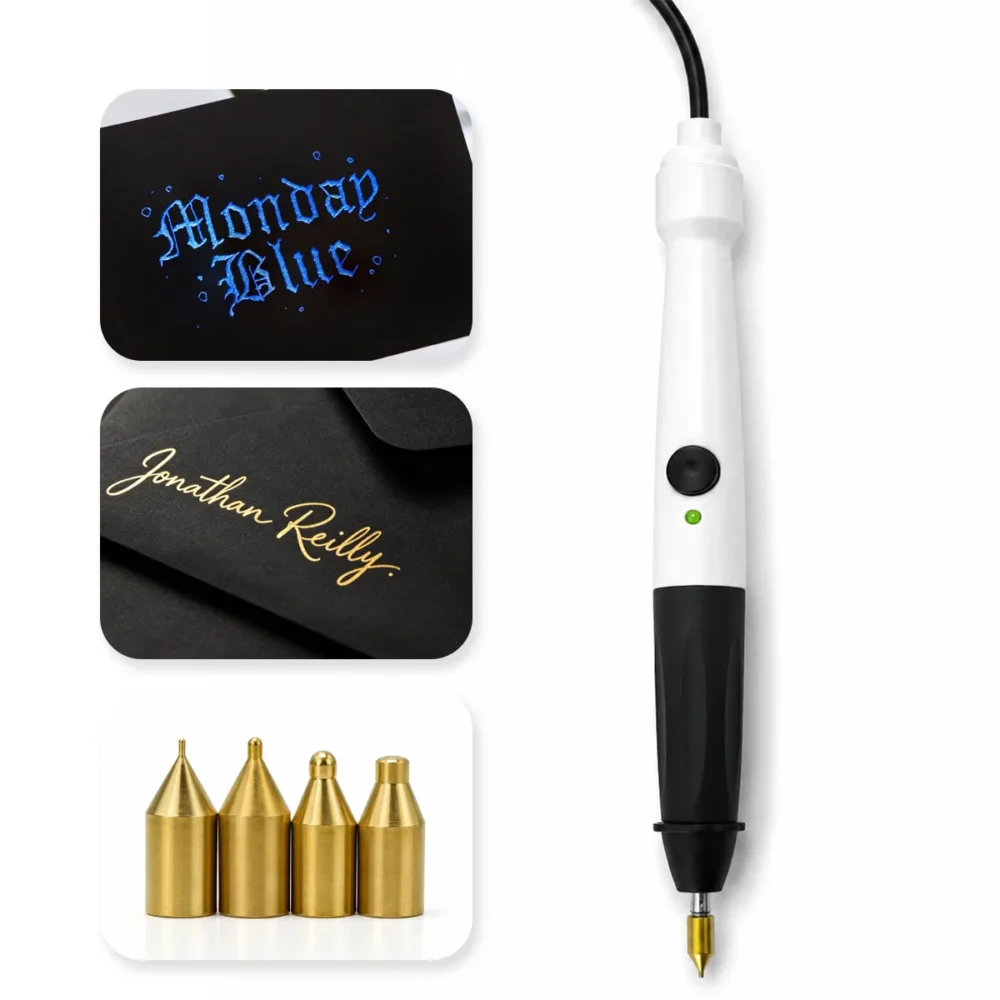 ZHENGFEI USB Portable Electric Hot Foil Stamping Pen DIY Craft Tool ZHENGFEI USB hot stamping pen with 4 brass tips, gold & blue foil handwriting samples on black paper.