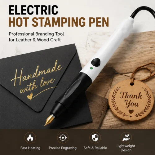 ZHENGFEI USB Portable Electric Hot Foil Stamping Pen Hero Product Banner ZHENGFEI electric hot stamping pen hero shot with gold foil envelope and wooden tag craft samples.