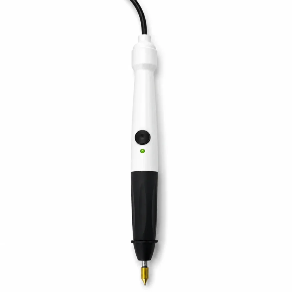 ZHENGFEI USB Portable Electric Hot Foil Stamping Pen Single Unit Product Shot ZHENGFEI handheld USB hot stamping pen with anti-slip grip, power button, indicator light and brass fine tip on white background.