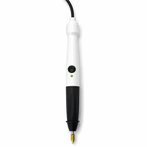 ZHENGFEI USB Portable Electric Hot Foil Stamping Pen Single Unit Product Shot ZHENGFEI handheld USB hot stamping pen with anti-slip grip, power button, indicator light and brass fine tip on white background.