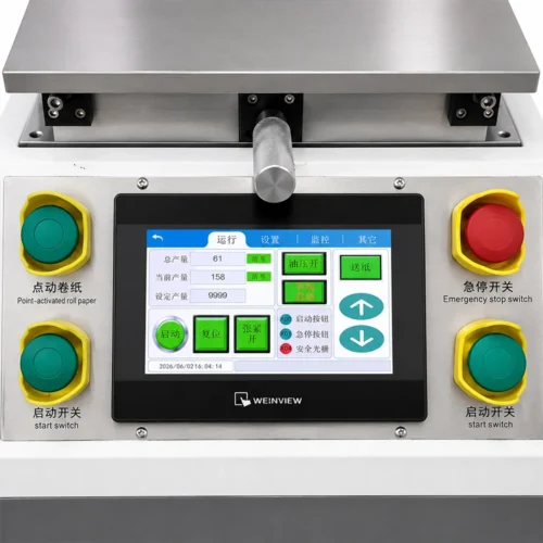 ZHENGFEI YTJ5T hot foil machine control panel with Weinview touch screen and safety buttons.