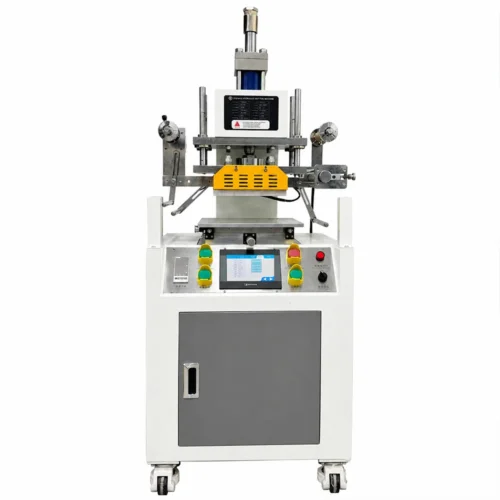 Alternative front view of ZHENGFEI YTJ5T hydraulic hot foil machine showing the foil feeding mechanism.