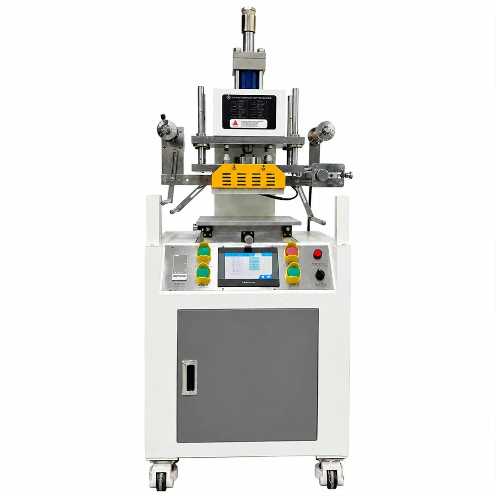 Alternative front view of ZHENGFEI YTJ5T hydraulic hot foil machine showing the foil feeding mechanism.