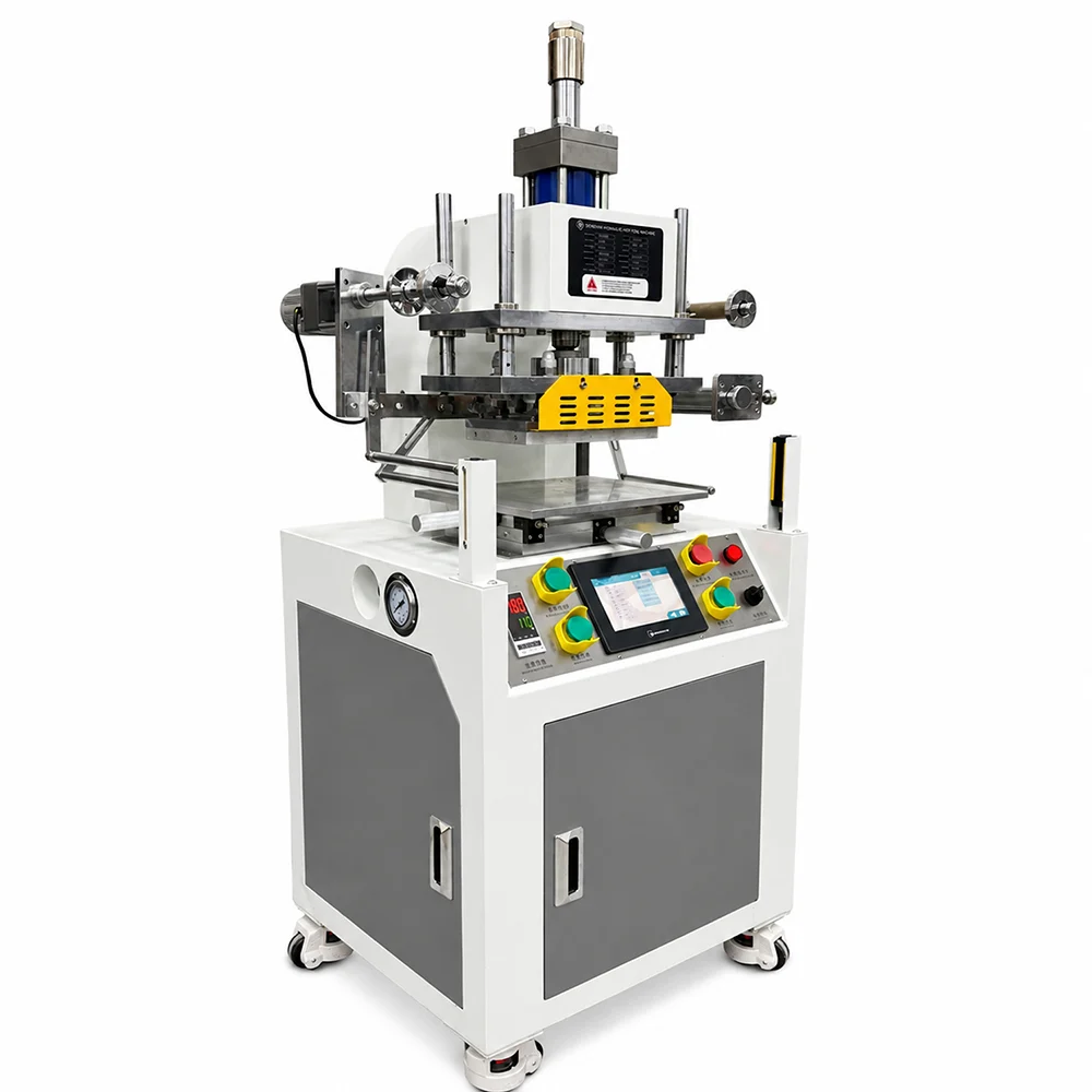 Full front view of ZHENGFEI YTJ5T hydraulic hot foil machine with touch screen and automatic foil feeder.