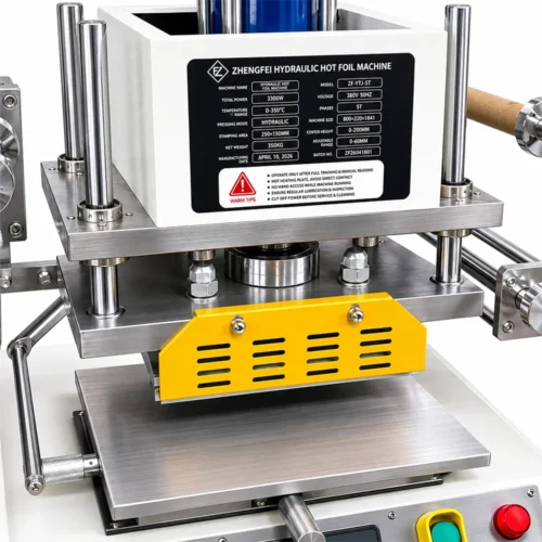 Close-up of ZHENGFEI YTJ5T hot foil machine model label with technical specs and safety warnings.