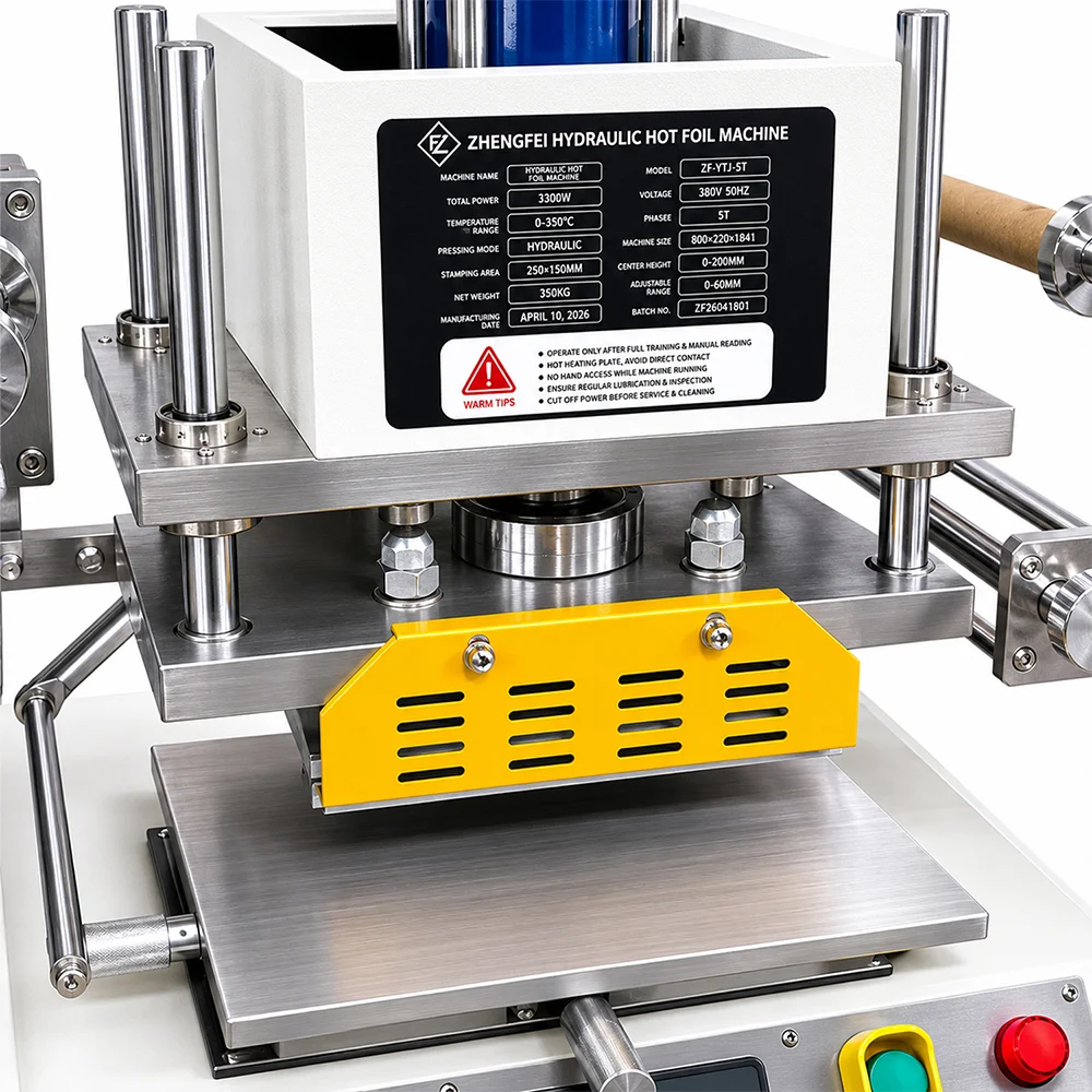 Close-up of ZHENGFEI YTJ5T hot foil machine model label with technical specs and safety warnings.
